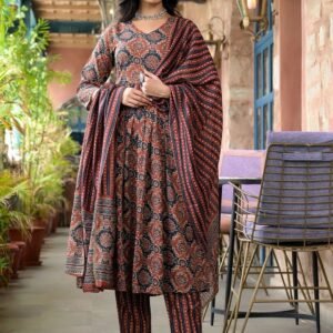 Women’s Viscose Ajrakh Print Kurta Pant Set with Dupatta
