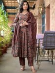 Women’s Viscose Ajrakh Print Kurta Pant Set with Dupatta
