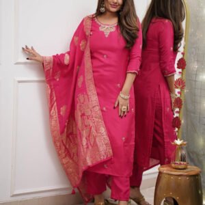 Women’s Viscose Silk Embroidered Kurta Pant Set with Dupatta