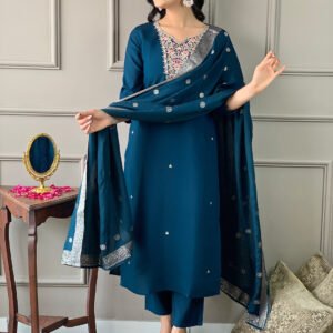 Women’s Viscose Silk Embroidered Kurta Pant Set with Dupatta