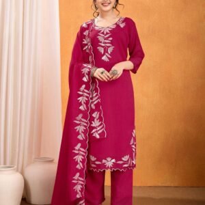 Women’s Embroidered Silk Viscose Kurta Pant Set with Dupatta