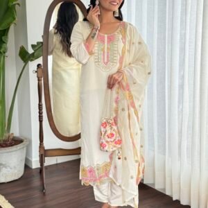Women’s Cream Embroidered Viscose Silk Kurta Pant Set with Dupatta