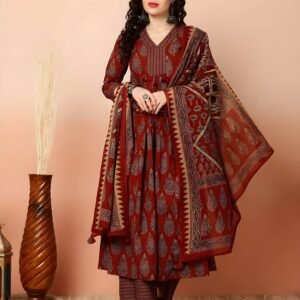 Women’s Rust Red Printed Kurta Pant Set with Dupatta