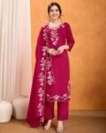 Women’s Embroidered Silk Viscose Kurta Pant Set with Dupatta