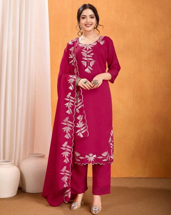 Women’s Embroidered Silk Viscose Kurta Pant Set with Dupatta
