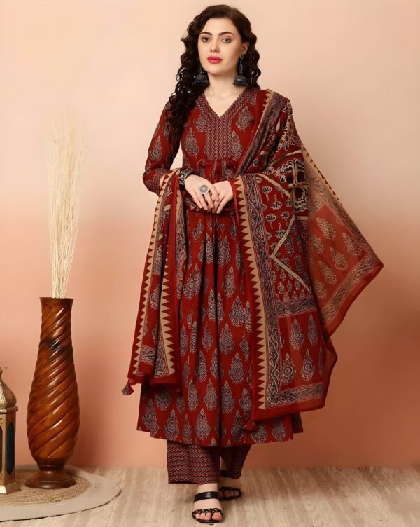 Women’s Rust Red Printed Kurta Pant Set with Dupatta