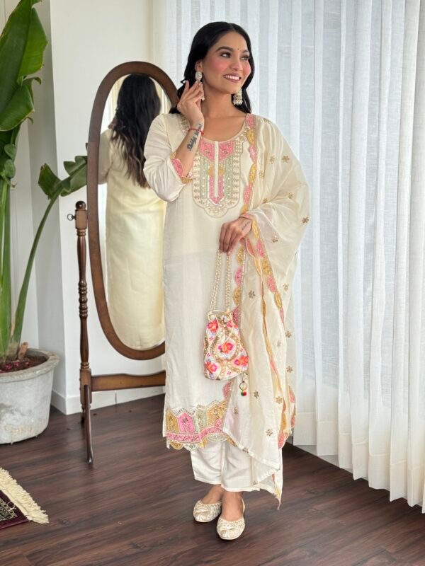 Women’s Cream Embroidered Viscose Silk Kurta Pant Set with Dupatta