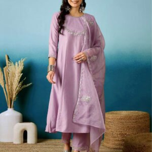 Women’s Lavender Embroidered Viscose Silk Kurta Pant Set with Dupatta