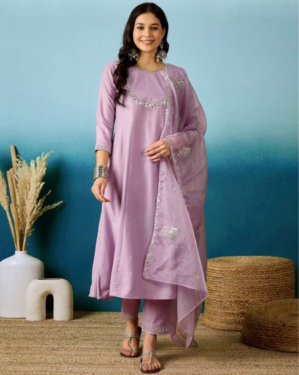 Women’s Lavender Embroidered Viscose Silk Kurta Pant Set with Dupatta