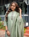 Women’s Sage Green Embroidered Viscose Silk Kurta Pant Set with Dupatta