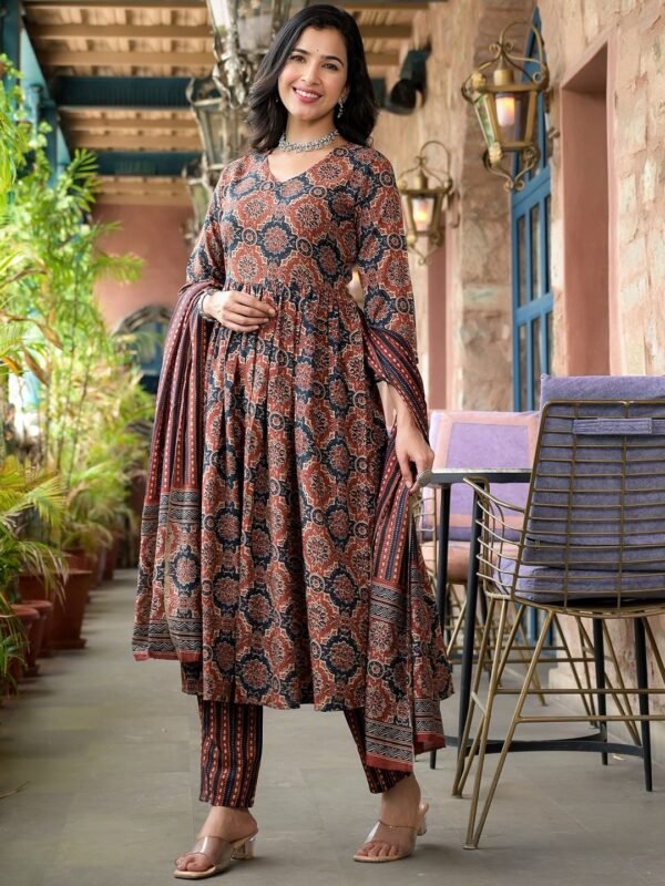 Women’s Viscose Ajrakh Print Kurta Pant Set with Dupatta