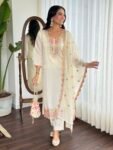 Women’s Cream Embroidered Viscose Silk Kurta Pant Set with Dupatta
