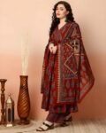 Women’s Rust Red Printed Kurta Pant Set with Dupatta