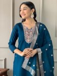 Women’s Viscose Silk Embroidered Kurta Pant Set with Dupatta