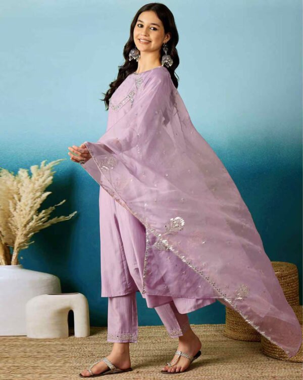 Women’s Lavender Embroidered Viscose Silk Kurta Pant Set with Dupatta