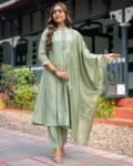 Women’s Sage Green Embroidered Viscose Silk Kurta Pant Set with Dupatta