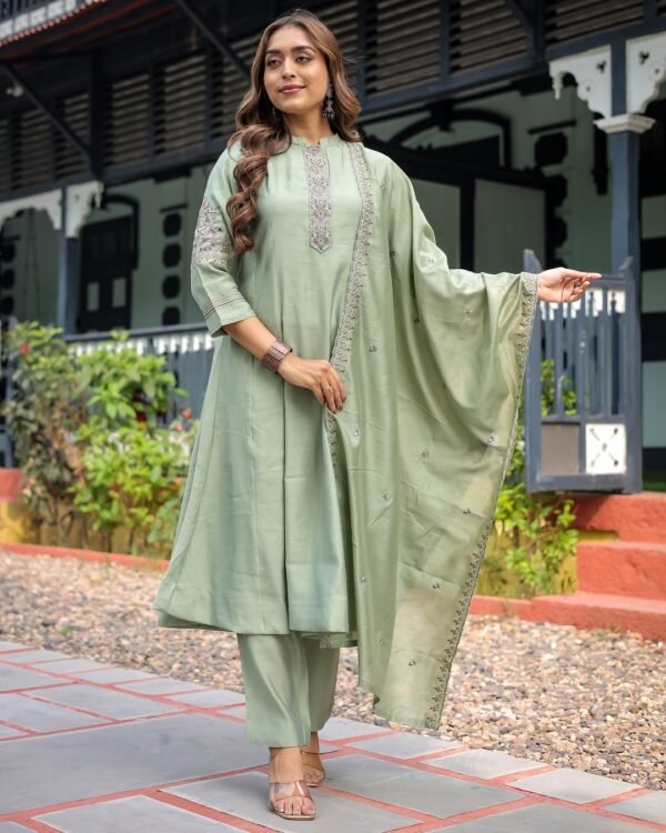 Women’s Sage Green Embroidered Viscose Silk Kurta Pant Set with Dupatta