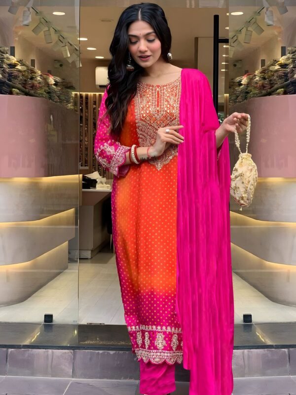 Chinnon Silk Printed & Embroidered Kurta Pant Set with Dupatta – Premium Festive Wear for Women