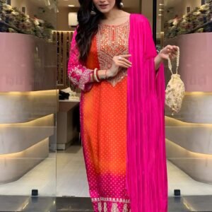 Chinnon Silk Printed & Embroidered Kurta Pant Set with Dupatta – Premium Festive Wear for Women