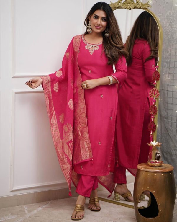 Women’s Viscose Silk Embroidered Kurta Pant Set with Dupatta