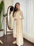 Women’s Cream Embroidered Viscose Silk Kurta Pant Set with Dupatta
