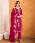 Women’s Embroidered Silk Viscose Kurta Pant Set with Dupatta