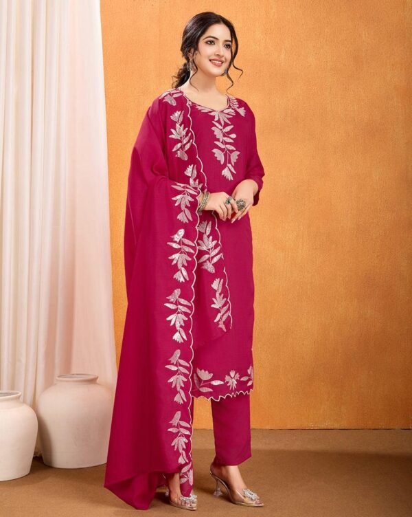Women’s Embroidered Silk Viscose Kurta Pant Set with Dupatta