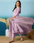 Women’s Lavender Embroidered Viscose Silk Kurta Pant Set with Dupatta