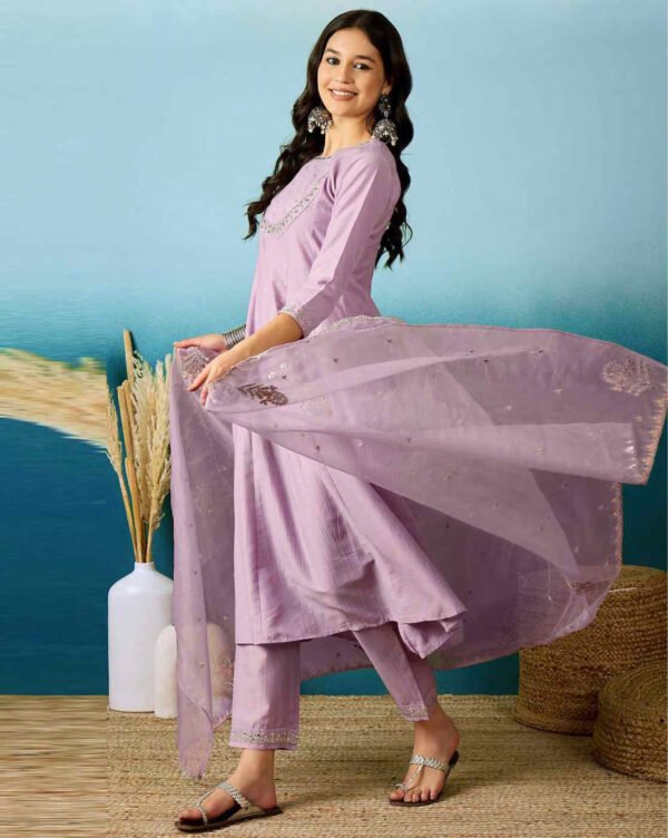Women’s Lavender Embroidered Viscose Silk Kurta Pant Set with Dupatta