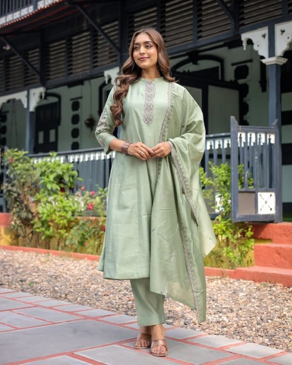 Women’s Sage Green Embroidered Viscose Silk Kurta Pant Set with Dupatta