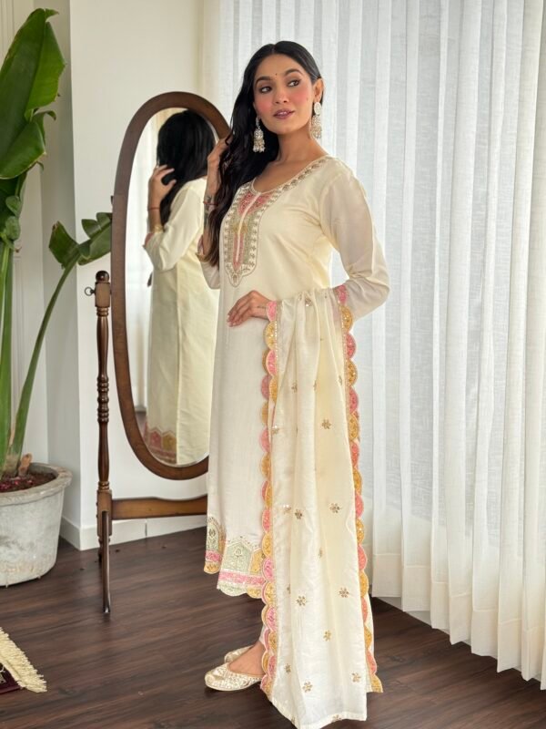 Women’s Cream Embroidered Viscose Silk Kurta Pant Set with Dupatta