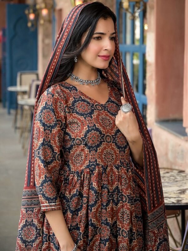 Women’s Viscose Ajrakh Print Kurta Pant Set with Dupatta