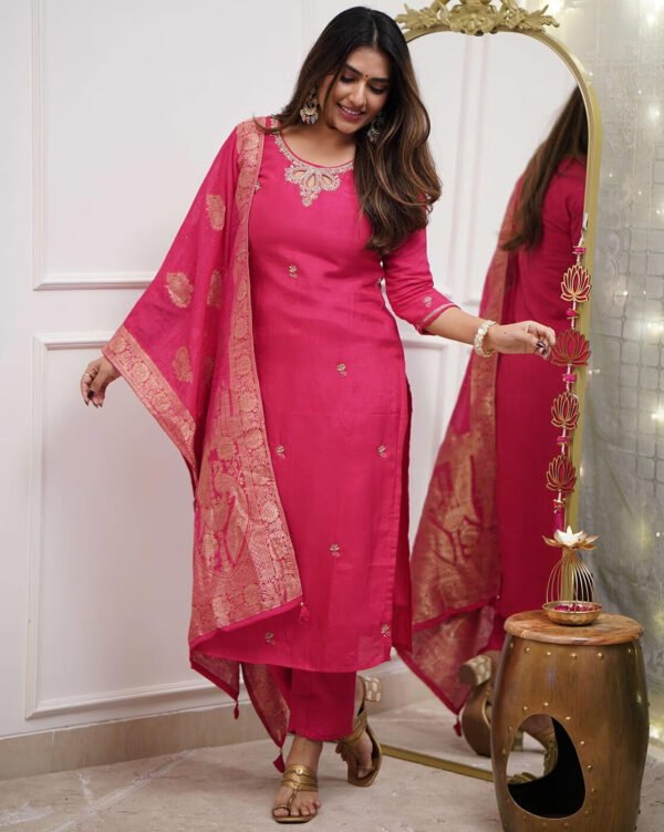 Women’s Viscose Silk Embroidered Kurta Pant Set with Dupatta