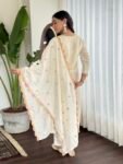 Women’s Cream Embroidered Viscose Silk Kurta Pant Set with Dupatta