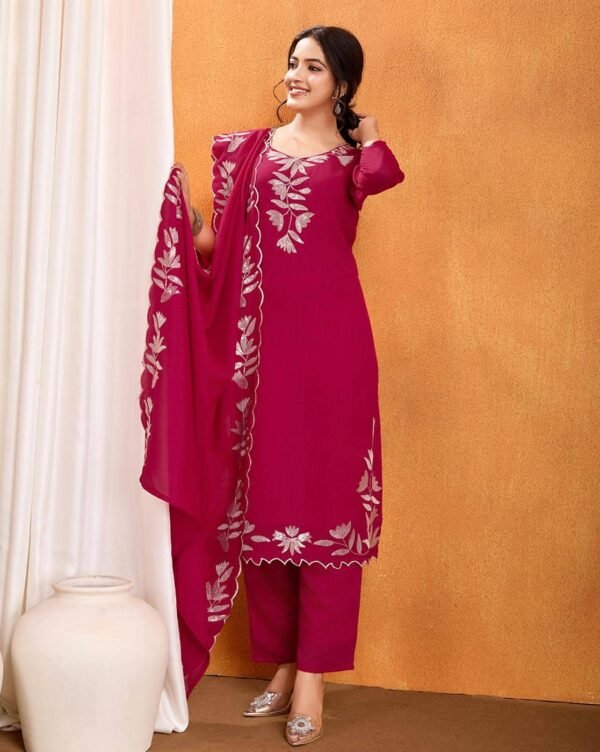 Women’s Embroidered Silk Viscose Kurta Pant Set with Dupatta