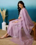 Women’s Lavender Embroidered Viscose Silk Kurta Pant Set with Dupatta