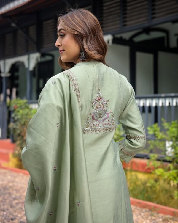 Women’s Sage Green Embroidered Viscose Silk Kurta Pant Set with Dupatta