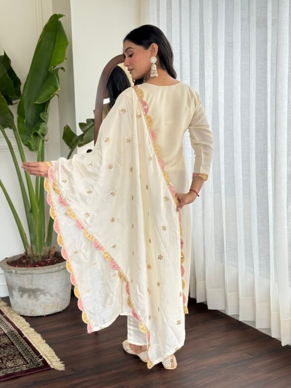 Women’s Cream Embroidered Viscose Silk Kurta Pant Set with Dupatta
