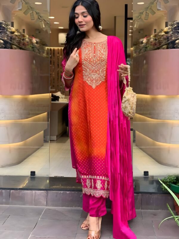 Chinnon Silk Printed & Embroidered Kurta Pant Set with Dupatta – Premium Festive Wear for Women