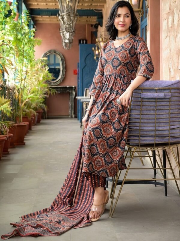 Women’s Viscose Ajrakh Print Kurta Pant Set with Dupatta