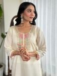 Women’s Cream Embroidered Viscose Silk Kurta Pant Set with Dupatta