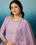 Women’s Lavender Embroidered Viscose Silk Kurta Pant Set with Dupatta