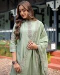 Women’s Sage Green Embroidered Viscose Silk Kurta Pant Set with Dupatta