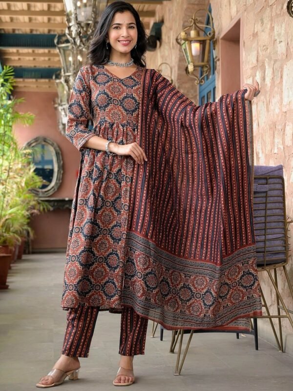 Women’s Viscose Ajrakh Print Kurta Pant Set with Dupatta