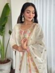Women’s Cream Embroidered Viscose Silk Kurta Pant Set with Dupatta