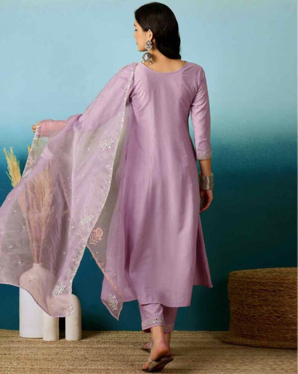 Women’s Lavender Embroidered Viscose Silk Kurta Pant Set with Dupatta