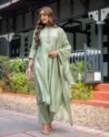 Women’s Sage Green Embroidered Viscose Silk Kurta Pant Set with Dupatta
