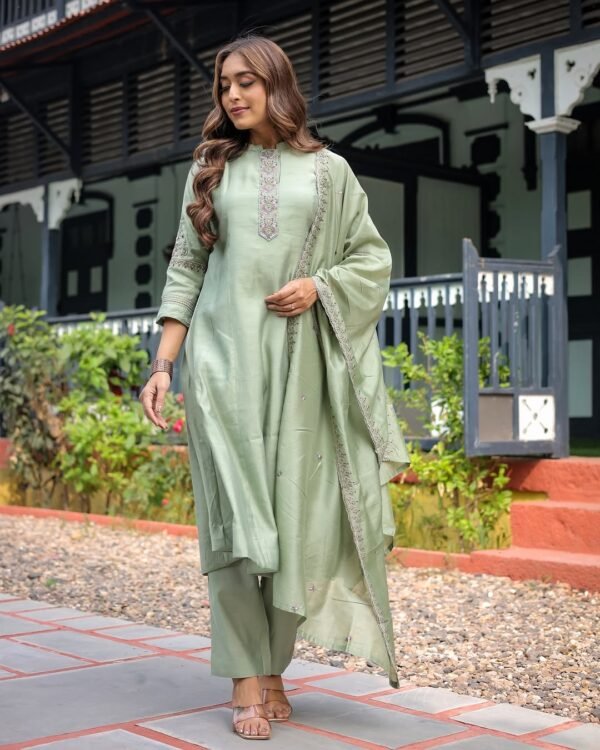 Women’s Sage Green Embroidered Viscose Silk Kurta Pant Set with Dupatta