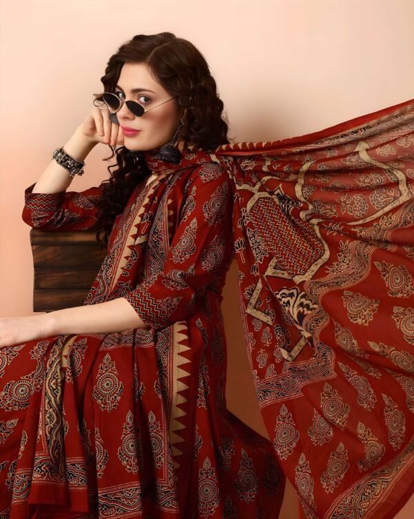 Women’s Rust Red Printed Kurta Pant Set with Dupatta