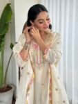 Women’s Cream Embroidered Viscose Silk Kurta Pant Set with Dupatta